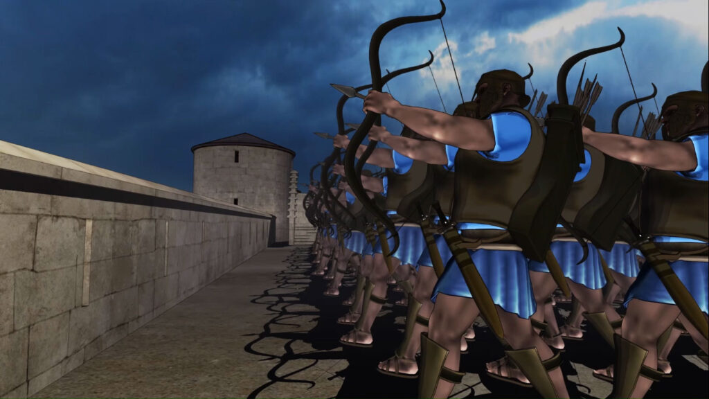 soldati disegnati al computer a difesa delle mura greche